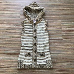 Wool Blend Knit Sweater Vest Hooded Faux Fur Trim Midtown Y2K Brown Stripe